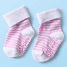 cute walk by babyhug Cutewalk by Babyhug Ankle Length Anti-Bacterial Anti Skid Socks with Stripes & Heart Design Pack of 3 - Pink & White image 4
