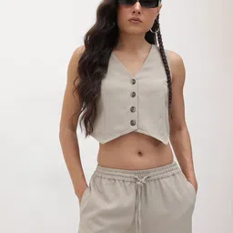 The Roadster Life Co. V-Neck Pure Cotton Crop Waistcoat With Trousers-picture-21