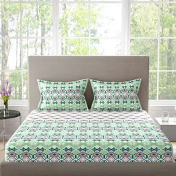 Portico White & Green Ethnic Motifs 144 TC Bedsheet with 2 Pillow Covers image 3