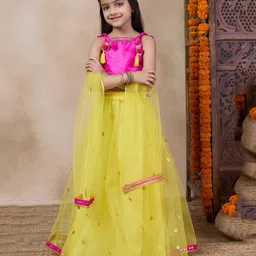 Pspeaches Brocade Sleeveless Foil Printed & Lace Embellished  Lehenga Choli With Dupatta - Yellow-picture-19