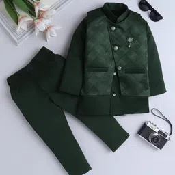 Fourfolds Full Sleeves Textured Waistcoat & Trousers With Blazer Set - Dark Green-image-51
