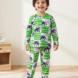 Babyhug Cotton Knit Full Sleeves Night Suit with Coconut Tree Print - Green & White-picture-21