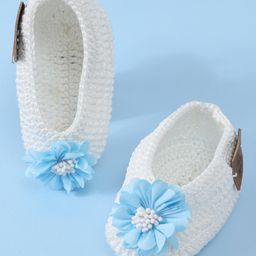 Funkrafts Handmade Crochet Embroidered Floral Applique Detailed Booties - Blue & White-picture-16