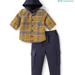 Babyoye 100% Cotton Woven Full Sleeves Hooded Shirt & Trouser Set with Checks & Cargo Pockets - Yellow-picture-35
