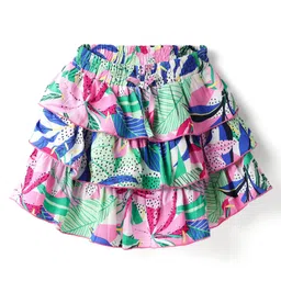 CrayonFlakes Rayon Woven Floral & Leaves Printed Layered Skirt - Off White Pink & Blue image 1