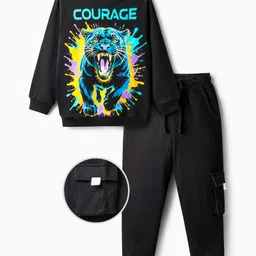 OLLINGTON ST. Cotton Full Sleeves Sweatshirt With Tiger Print & Knit Joggers Set - Black-picture-26