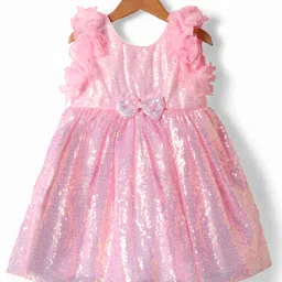 Babyhug Woven Sleeveless Flare Party Dress with Bow & Sequinned Applique - Pink-picture-10