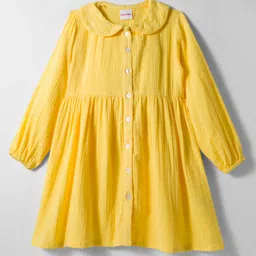kookie kids india Kookie Kids Cotton Woven Full Sleeves Solid Schiffli Collar Front Open Full Sleeves Gauz Dress - Yellow-picture-27