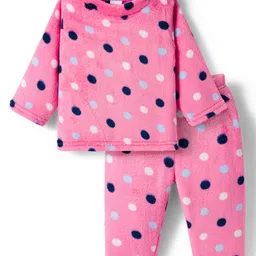 Babyhug Velour Knit Full Sleeves Co-ords Night Suit With Polka Dots - Pink-image-47
