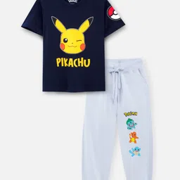 Nap Chief Pure Cotton Knit Pokemon Featuring Half Sleeves Pikachu Printed Relaxed Fit Tee & Pant Set - Navy Blue-picture-34