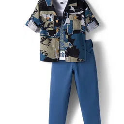 Rikidoos Half Sleeves Abstract Printed Shirt With Tee & Pant Set - Black & Blue-image-0