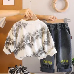 Googo Gaaga Cotton Knit Full Sleeves Tie Dye Light Winter Sweatshirt With Jeans Set - Cream image 3