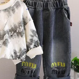 Googo Gaaga Cotton Knit Full Sleeves Tie Dye Light Winter Sweatshirt With Jeans Set - Cream image 5