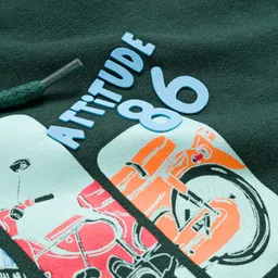 Taeko Fleece Knit Full Sleeves Hooded Sweatshirt With Motorcycle Print & Kangaroo Pockets - Green image 4