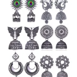 Sangria Set Of 6 Silver Plated Oxidized Jhumka Earrings-image-81