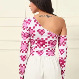 VANGULL Women Graphic Printed One Shoulder Fitted Crop Top image 5