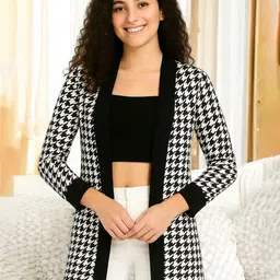 SFOTY Checked V-Neck Long Sleeves Open Front Shrug-picture-30