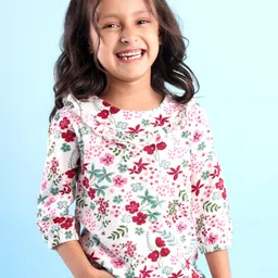 Babyhug Three Fourth Peasant Sleeves With Frill Detailing Floral Print Top - White-picture-37