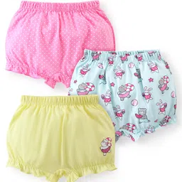 Babyhug 100% Cotton Bloomer Hippo Print Pack of 3 - Pink Blue & Yellow image 1
