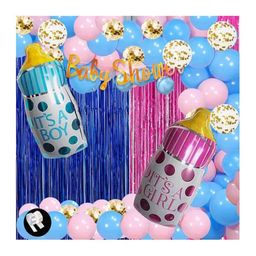 Bubble Trouble Baby Shower Party Kit Maternity Photoshoot Baby Shower String Banner Golden Confetti Boy Girl Face Foil Blue & Pink Balloons Blue Pink Curtain Arch & Glue Dot Set of 61 pcs - Multicolour-picture-32