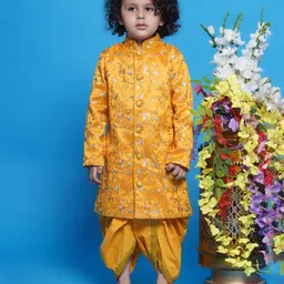 Little Bansi Mulberry Silk Full Sleeves Floral Embroidered & Sequins Embellished Sherwani With Dhoti - Yellow-picture-27