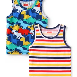 Babyhug 100% Cotton Knit Sleeveless Sandos with Stripes & Dino Print Pack of 2 - Navy Blue-image-97