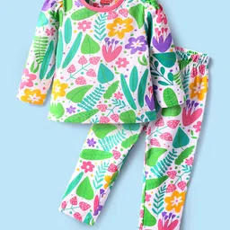 Babyhug Cotton Knit Full Sleeves Co-Ord Nightsuit with Floral Print - White & Light Green-picture-22