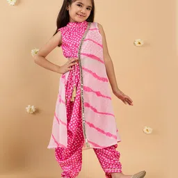 Pspeaches Silk Sleeveless Bandhani Printed & Lace Embellished Top & Dhoti With Shrug Set - Pink-image-95