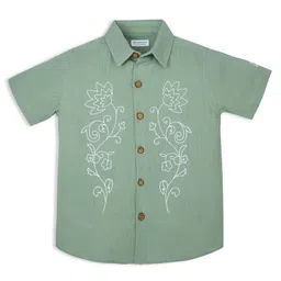 My Milestones Cotton Half Sleeves Floral Embroidered Wooden Buttons Detailed Double Cloth Shirt - Green-picture-14