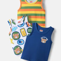 Babyhug 100% Cotton Sandos with Bear Print & Stripes Pack of 3 - Yellow Navy Blue & White-picture-17