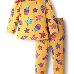 Babyhug Cotton Knit Full Sleeves Co-Ord Night Suit with Star & Cupcake Print - Yellow-picture-13