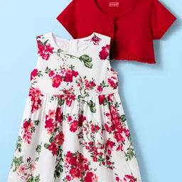 Babyhug Cotton Woven Half Sleeves Frock & Shrug With Floral Print & Frill Detailing - Red & White-picture-13