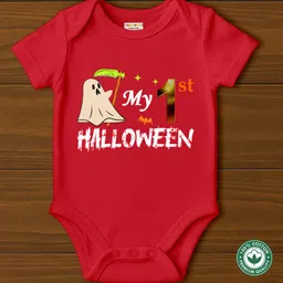 BLUSHES 100% Cotton Knit Halloween Theme Half Sleeves My 1st Halloween Text Printed Onesie - Red-picture-26