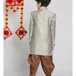 Vastramay Silk Full Sleeves Floral Printed Sherwani & Dhoti Set - Beige & Brown image 3