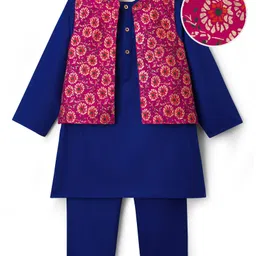 EARTHY TOUCH Cotton Woven Full Sleeves Kurta Pajama & Floral Foil Printed Jacket Set - Navy Blue image 2