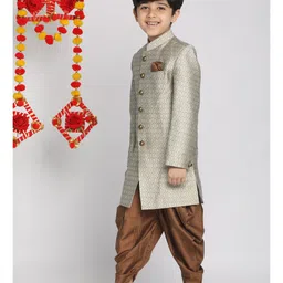 Vastramay Silk Full Sleeves Floral Printed Sherwani & Dhoti Set - Beige & Brown image 4