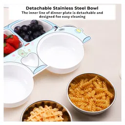 Bembika Stainless Steel Baby Feeding Plate Durable, Non-Toxic, Compact Kids Crockery Set with Safety Utensils for Tiny Hands, Easy to Clean, Perfect Baby Dinner Set-(Blue Car Design) image 5