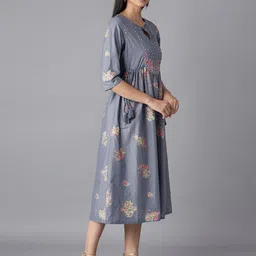 W Blue Floral Tie-Up Neck Empire Midi Dress image 3