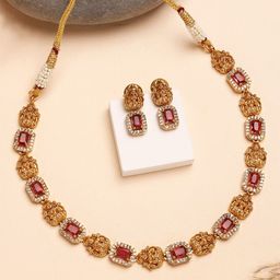 KARATCART Gold Plated Stone Studded Laxmi Mata Temple Necklace and Earrings-picture-46