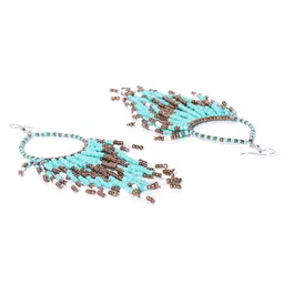 Crunchy Fashion Sea Green & Bronze-Toned Beaded Tasselled Drop Earrings image 2