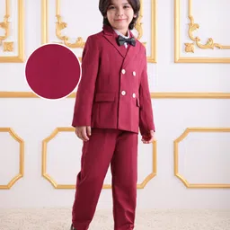 Kookie Kids Full Sleeves Solid Colour 3 Piece Party Suit with Bow - Maroon-image-30