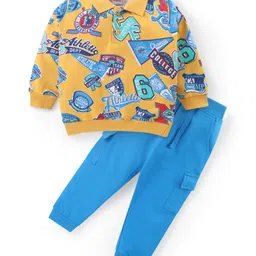 Babyhug Cotton Knit Full Sleeves Polo T-Shirt & Lounge Pants Set With Varsity Print - Multicolor-picture-20