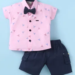 Dapper Dudes Half Sleeves Abstract Printed Shirt With Bow & Shorts Set - Pink-picture-20