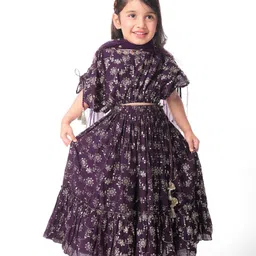 Babyhug Woven Half Sleeves Floral Printed Choli Lehenga Set with Dupatta - Purple-picture-26