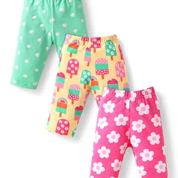 Babyhug Cotton Lycra Knit Capri Length Leggings With Floral & Ice Cream Print Pack of 3 - Dark Pink Yellow & Sea Green-image-88