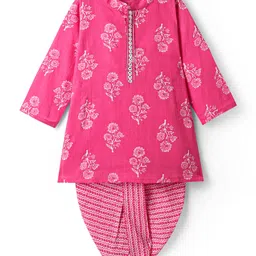 Babyhug Cotton Woven Full Sleeves Kurta Dhoti Set With Floral Print - Pink-picture-19