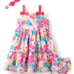 Babyhug Cotton Knit Floral Printed Sleeveless Frock with Bloomer & Headband - Pink-image-46