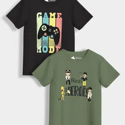Orange Sugar 100% Cotton Knit Pack Of 2 Half Sleeves Game Mode & Real Heroes Text Printed Tees - Olive Green & Black-picture-27