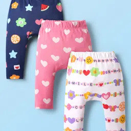 Babyhug Interlock Knit Full Length Heart & Fruit Printed Diaper Leggings Pack of 3 - White Pink & Navy Blue-picture-24