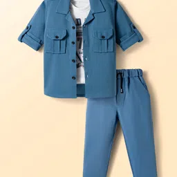 Rikidoos Full Sleeves Solid Shirt With Tee & Pant Set - Light Blue & White-picture-27